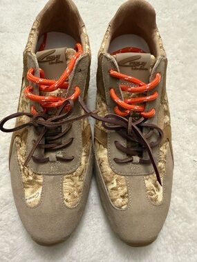Circus by Sam Edelman Taupe & Tan Velvet Suede Sneakers with Orange Laces